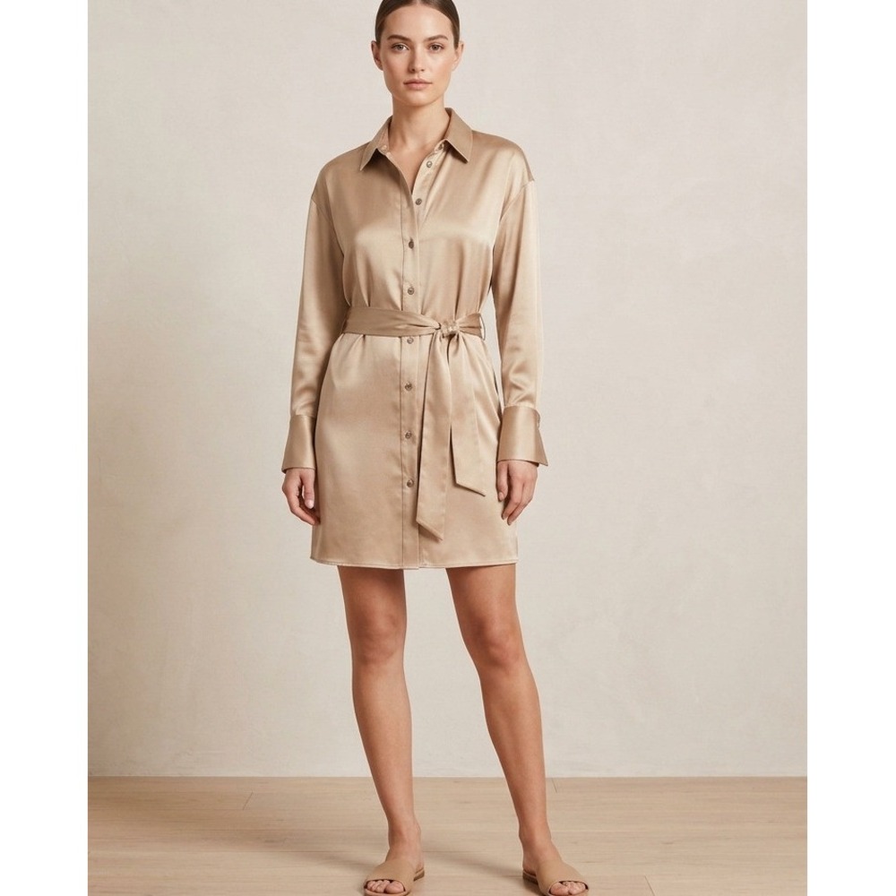 Banana Republic 100% Silk Long Sleeve Shirtdress Tan Gold Womens Size M Washable